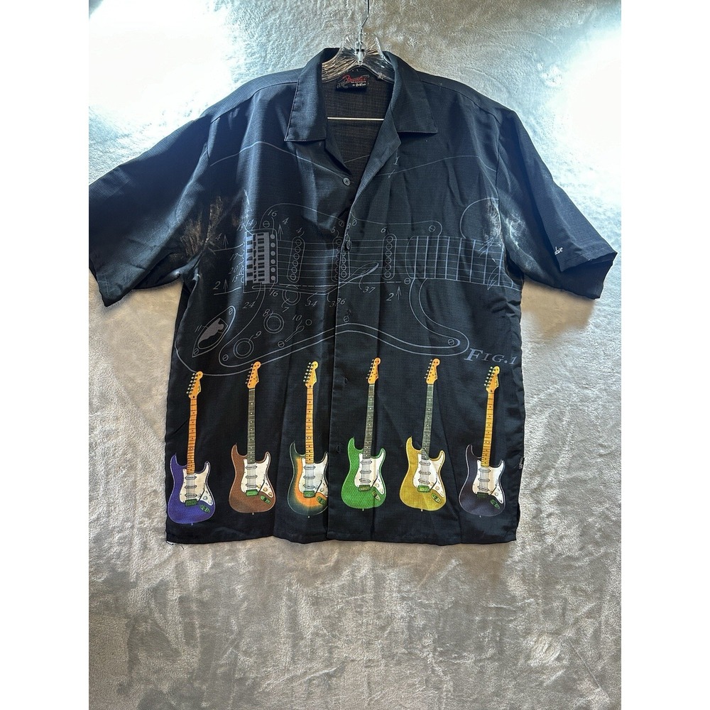 Fender Guitars Shirt Men Medium Black Button Up DaVinci Camp Music Rock Graphic